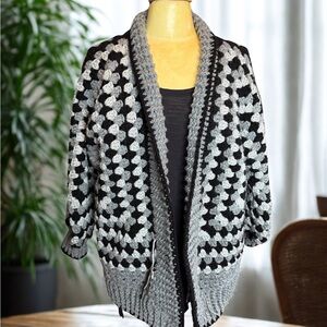 Hand Crafted Black and Gray Chunky Hexagon Crochet Cardigan